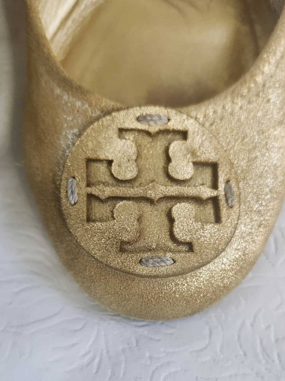 💜Tory Burch Reva Metallic Gold Leather Ballet Flats with Logo Size 9